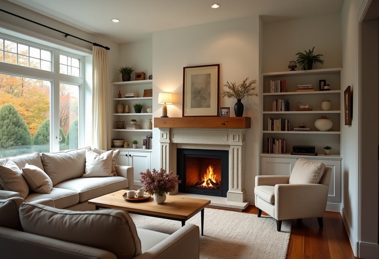Lit stone fireplace in a bright living room — Auburn